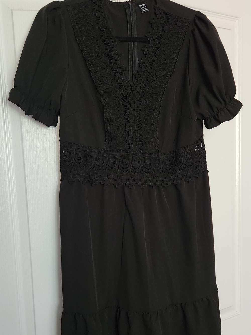 Black Lace-Trim Puff Sleeve Dress